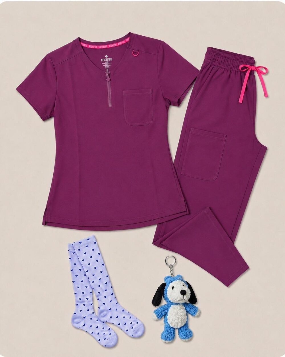 Pack Med Couture Amp Zip Top Wine — Camisa + Pantalón + Medias + Llavero